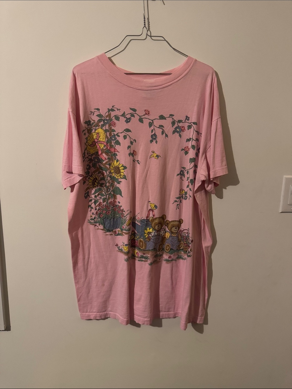 Vintage Pink Floral Vine & Teddy Bear Graphic Short Sleeve Tee